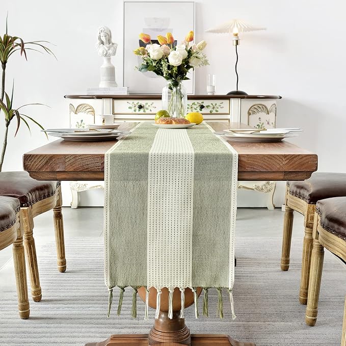 Wracra Linen Table Runner, Stripe Table Runners 36 Inches Sage Green | Delicate - Image 4