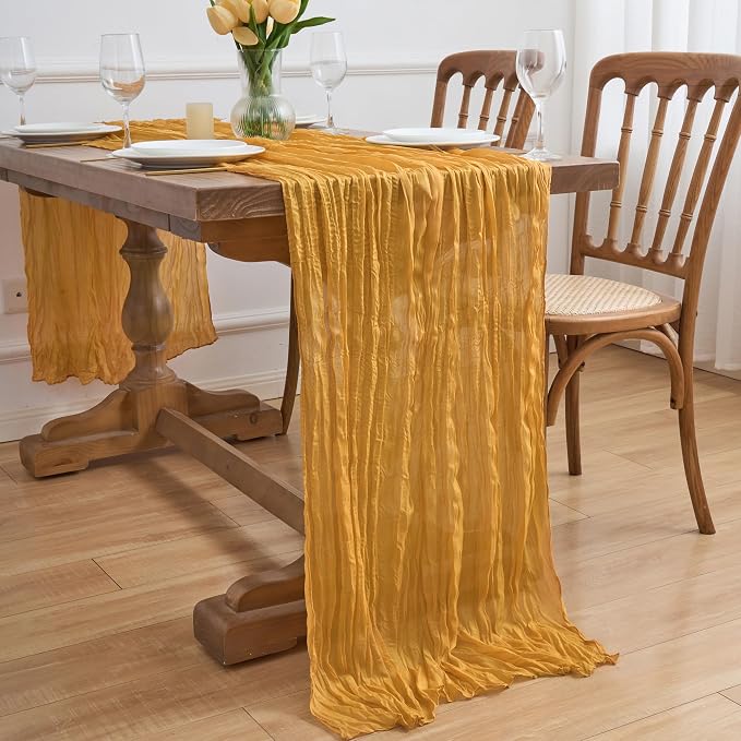 Asee'm Gold Yellow Cheesecloth Table Runner Summer 10FT Boho Rustic Gauze | - Image 7