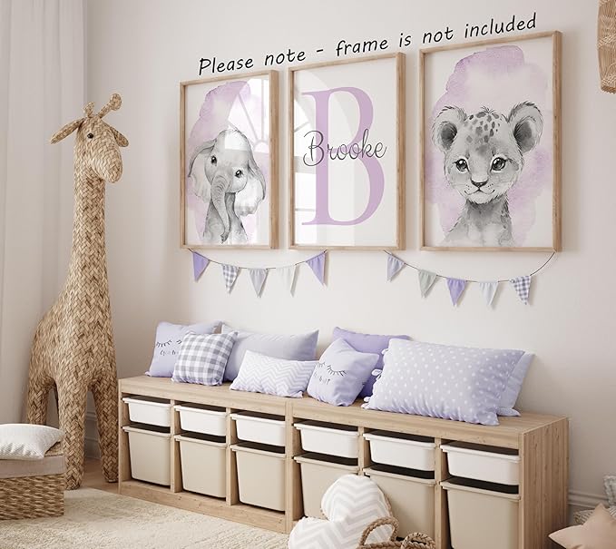 Safari Animals Set of 3 Unframed Poster Prints for Baby Girls Nursery Bedroom Playroom, Personalized Name, Choice of 12 Animals, Pink Purple (17x22)