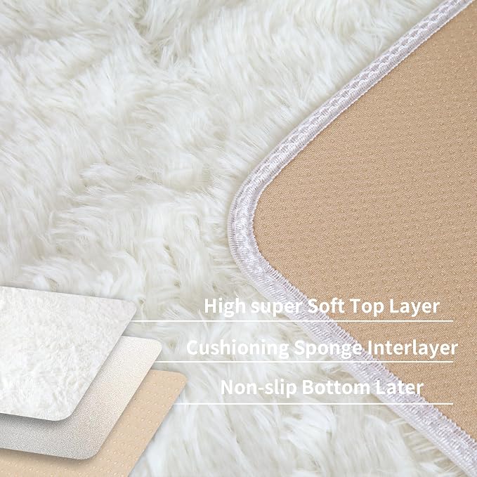 KCHOWUA Cream White Fluffy Area Rug - Image 4