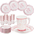 FillTouch 48 Sets Pink Floral Paper Tea Cups and Saucers Disposable Paper Tea by FillTouch
