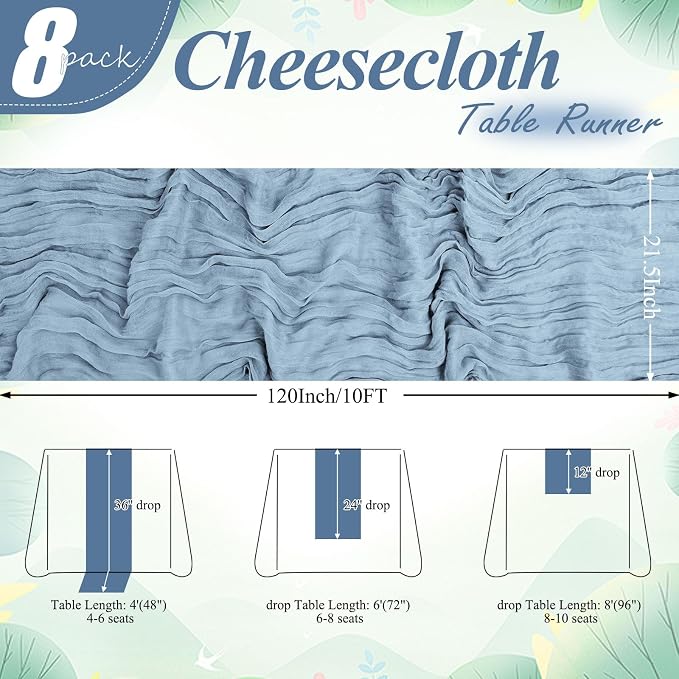 8 Pack Dusty Blue Cheesecloth Table Runner 10FT Long Boho Gauze Fabric Table - Image 2