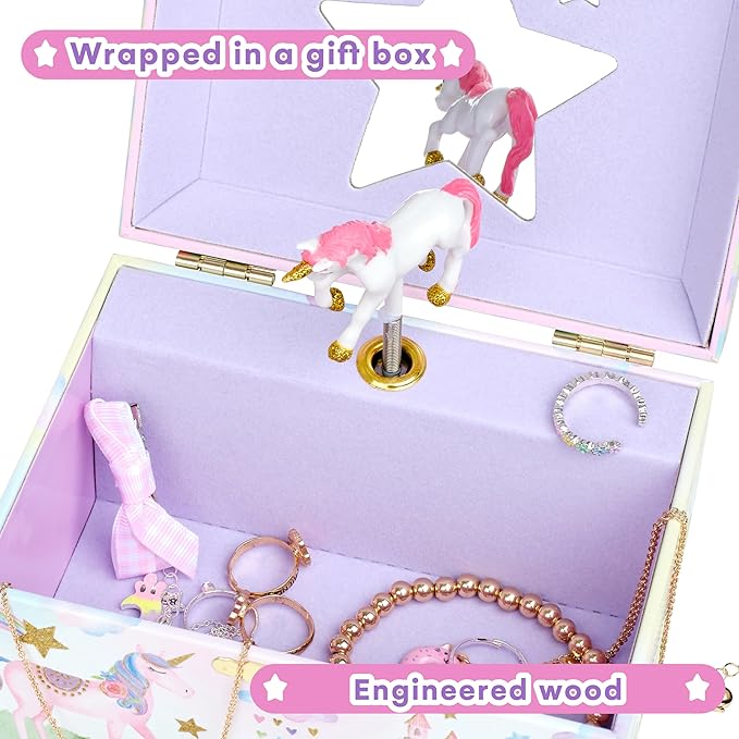 Jewelkeeper Musical Jewelry Box for Girls with Spinning Unicorn, Glitter Rainbow and Stars Design Music Box for Necklace, Earrings, and Accessories, Plays The Beautiful Dreamer Tune