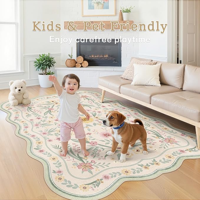 Scalloped Floral Rug 5x7, Sage Green Washable Non Slip Area Rug - Image 3