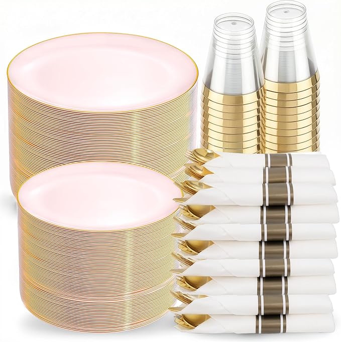 KIRE 350 PCS Pink Disposable Plates by KIRE