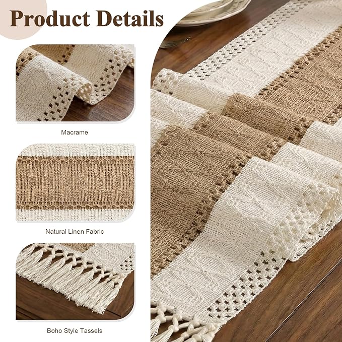 Burlap Boho Table Runner Macrame Brown 108in Farmhouse Woven Runner | Burlap - Image 2