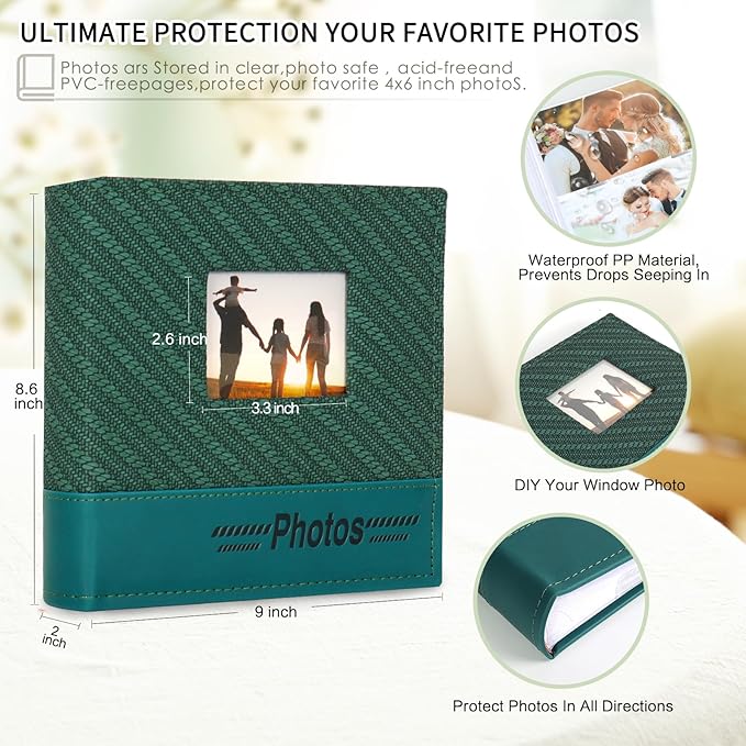 RECUTMS 4x6 Photo Album 200 Photos Memo, Photo Album with Writing Space, Leather Cover Window, 200 Picture Photo Album for Wedding Family Baby Christmas Valentine's Day Anniversary (Dark Green)