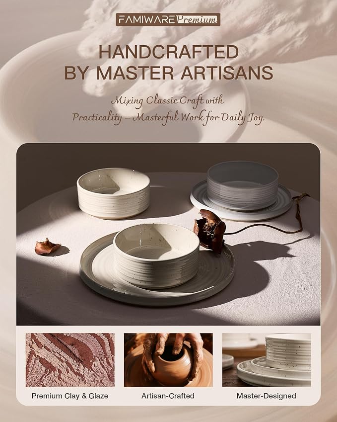 Stoneware Dinnerware Sets for 8, Reactive Glaze Plates and Bowls Set, Chip & - Image 6