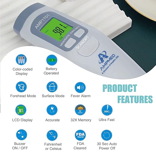 Amplim Medical Grade Forehead Thermometer for Adults, Kids, Baby, Non-Contact Digital Infrared Thermometer, Instant Read, Accurate & Fast Fever Detection, for Home, Clinic, Office Use