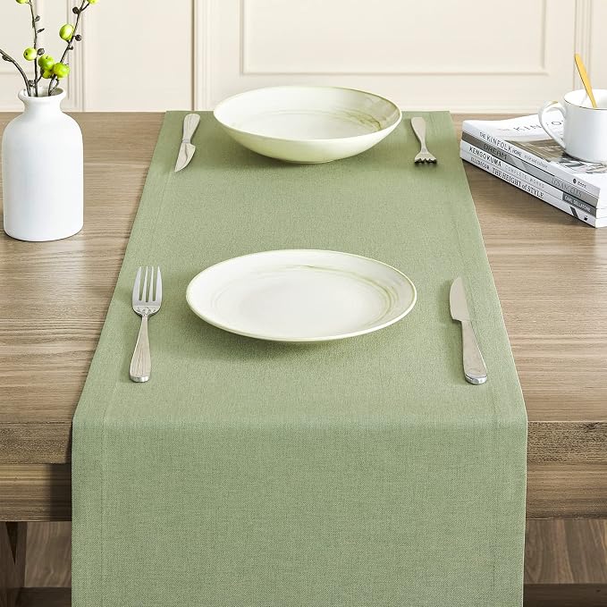 Basic Linen Style Table Runner, 14x60 Inch Sage Green | Mitered Corner Design - Image 5