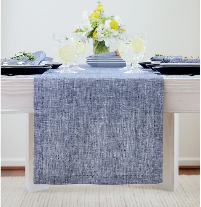 Solino Home 100% Pure Linen Table Runner Chambray Indigo, Athena 14 x 90 in | - Image 2