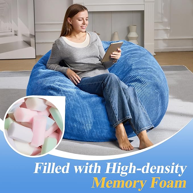 3.5FT Bean Bag Chairs Teardrop Bean Bag Chair for Adults Beanbag Chair with Memory Foam Filled Machine Washable Cover for Living Room, Bedroom (Large,Blue)