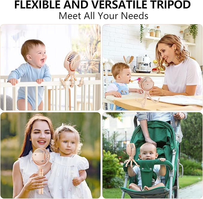 snawowo Mini Portable Baby Stroller Fan, Battery Operated Clip on Fan, Rechargeable 360° Rotate Flexible Tripod Handheld Cooling for Car Seat Crib Treadmill Travel（Pink）