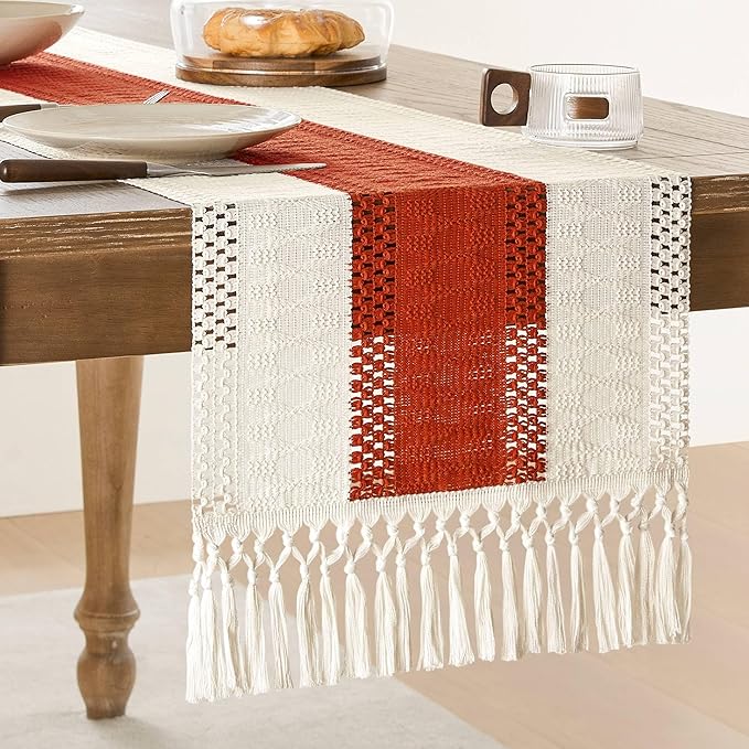 Macrame Style Bicolor Stitching Table Runner 14x72in Orange | Woven Boho Table by ZEEMARTONLINE