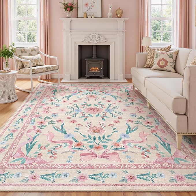 Pink Floral Bow Rug 6x9 for Living Room, Washable Non Slip Area Rug, Soft Boho by KiginaraArt