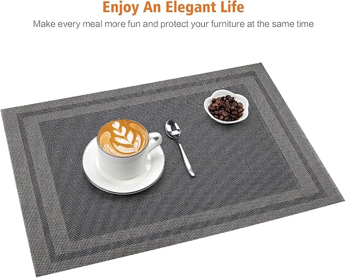 Placemats Set of 12, Vinyl Woven Black Non Slip Table Mats | Heat Resistant - Image 6