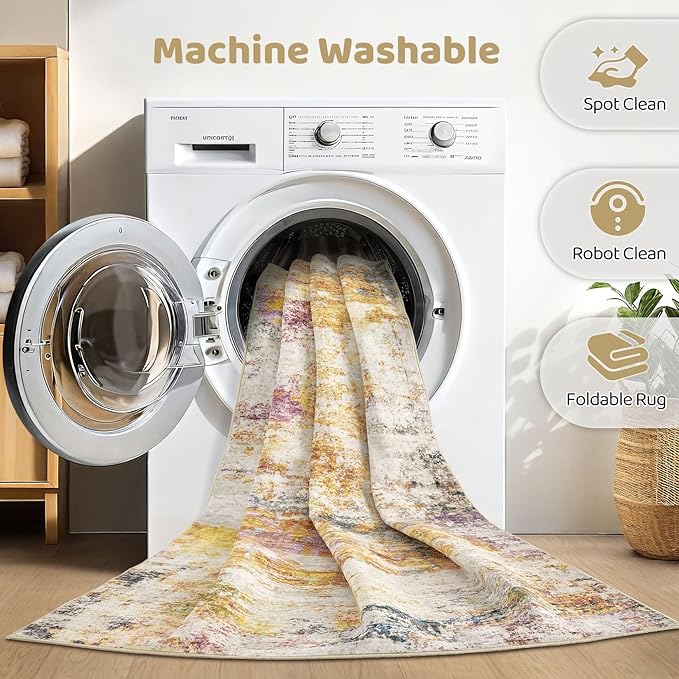 10x14 Area Rugs Living Room: Washable Large Abstract Modern Soft Stain Resistant Indoor Floor Rugs Non-Slip Accent Carpet for Bedroom Nursery Playroom Office Dining Room Dorm Home House- Gold Colorful