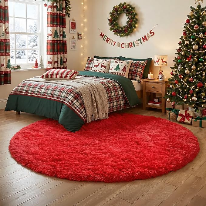 Amdrebio Red Round Rug 5Ft for Boys Bedroom, Fluffy Fuzzy Circle Area Rugs for - Image 9