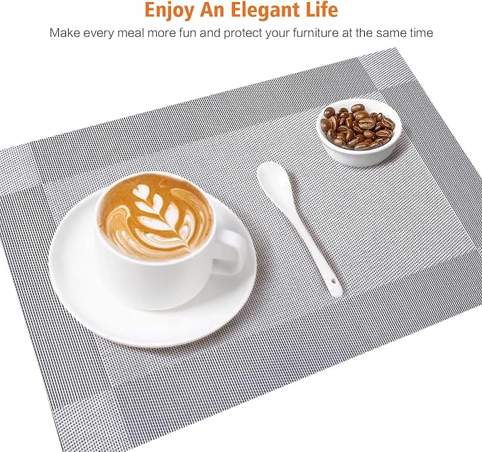 Placemats Set of 8, Vinyl Weave Silver Non Slip Table Mats | Heat Resistant - Image 5