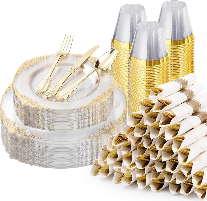 Bestluck 350PCS Clear Gold Rim Disposable Dinnerware by Bestluck
