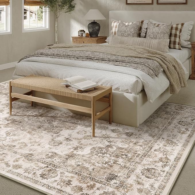 9x12 Neutral Area Rug Brown Vintage Living Room Bedroom Washable Carpet - Image 2