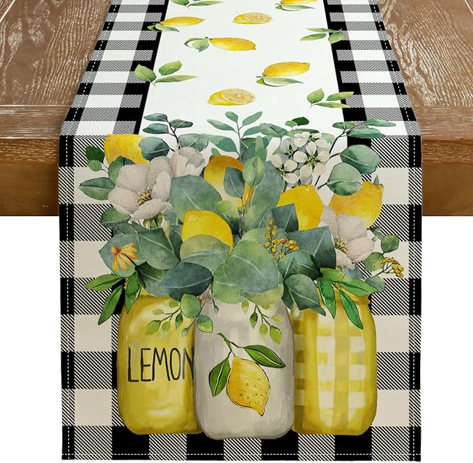 Black Buffalo Check Summer Table Runner 13 x 108 Inch, Lemon Vase Spring by GEEORY