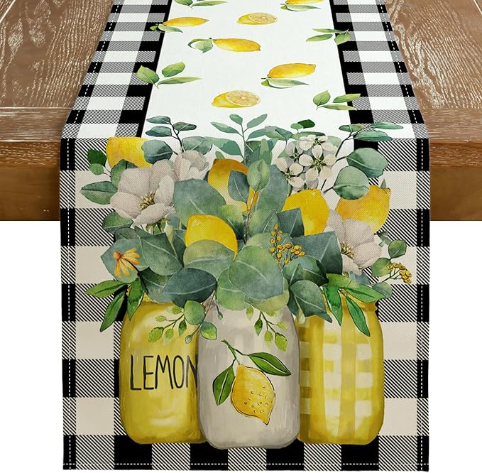 Black Buffalo Check Summer Table Runner 13 x 90 Inch, Lemon Vase Spring by GEEORY