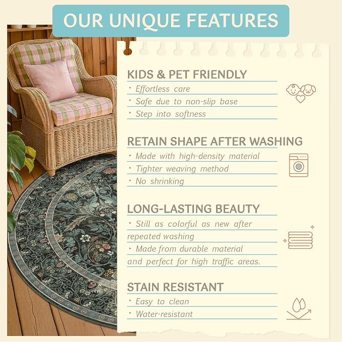 5ft Round Rug for Reading Corner Small Living Room, Soft Ultra Thin Non Slip - Image 5