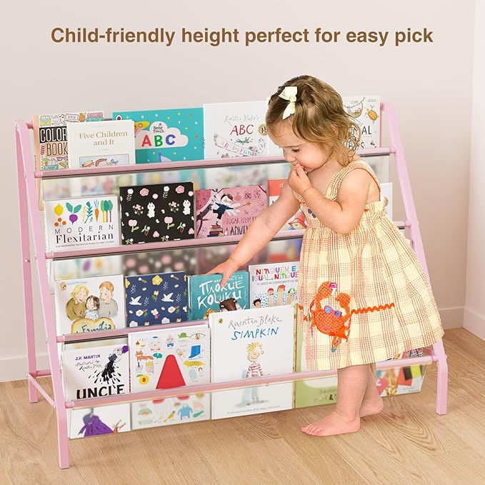 High-Transparent 4 Tier Kids Bookshelf, Sturdy Metal Large Size Book Rack Storage for Kids - Toddler Book Shelf Display for Nurasery, Playroom or Kids Room, Bookshelf Hold More Books - Pink