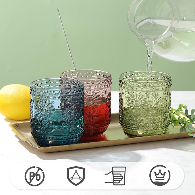 Joeyan Vintage Drinking Glasses, Embossed Floral Colored Glassware, Cocktail - Image 4
