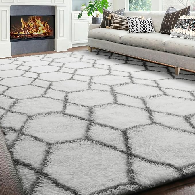 ONASAR 5x7 Area Rugs for Living Room Bedroom, Fluffy White and Grey Throw Rug - Image 7