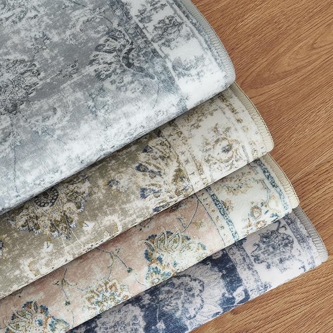 jinchan Washable Area Rug 8x10 for Living Room Soft Faux Wool Ultra-Thin Stain Resistant Non-Slip Distressed Vintage Floral Large Carpet for Bedroom,Dining Room,Home Office,Nursery(Grey, 8'x10')