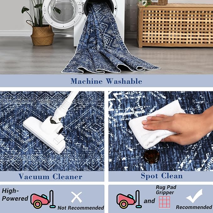 COZYLOOM 6x9 Washable Area Rug Vintage Non Slip Low Pile Rug Soft Throw Floor Cover Geometric Tribal Foldable Indoor Carpet for Living Room Bedroom Playroom Nursery, Blue