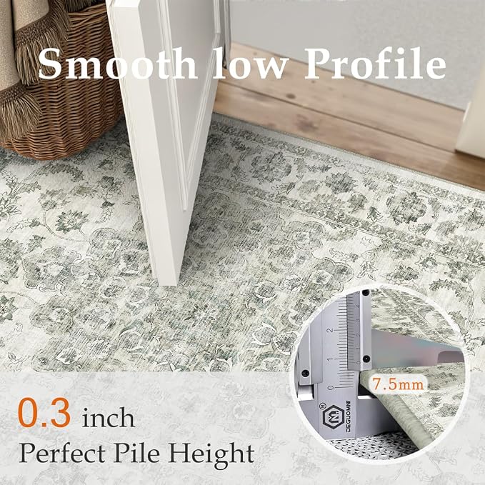 2x3 Washable Neutral Area Rug Green Vintage Entryway Kitchen Carpet Non-Slip - Image 8