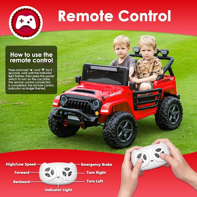 24V 2 Seater Ride On Truck with Remote Control 4WD Electric Car for Kids Ride On Car Battery Powered Ride On Toy Car with Music Player, LED Lights, Bluetooth, Rear Shock Absorber, Red