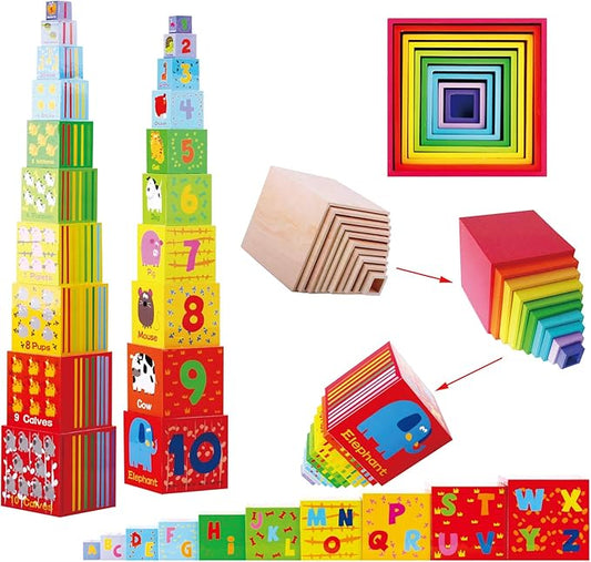 TOWO Wooden Stacking Boxes-Nesting and Sorting Cups Numbers Alphabet Animals Blocks for Toddlers-Stacking Cubes Educational Toys for 2 Years Old Montessori Materials