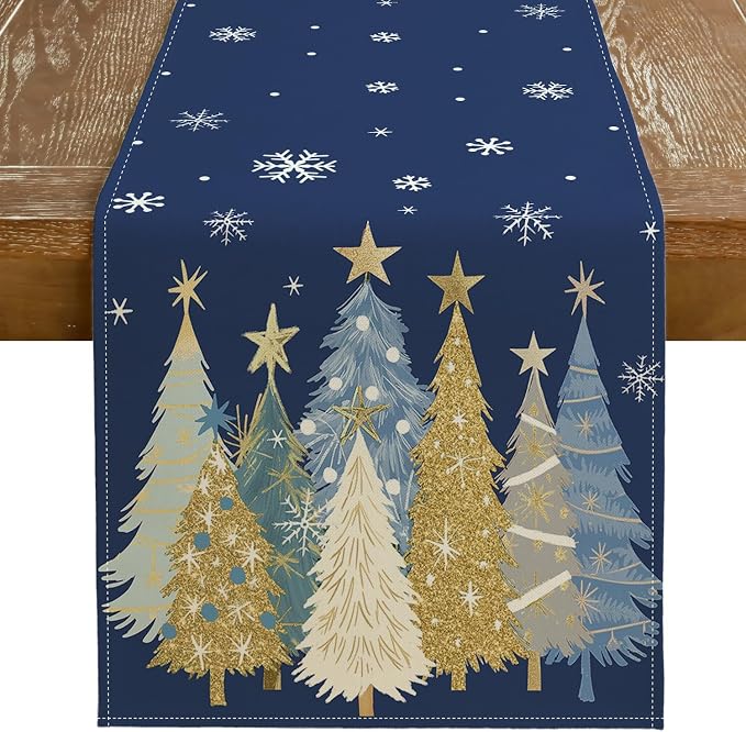 Christmas Table Runner 13x60 Inch, Xmas Trees Snowflakes Holiday Decorative by GEEORY