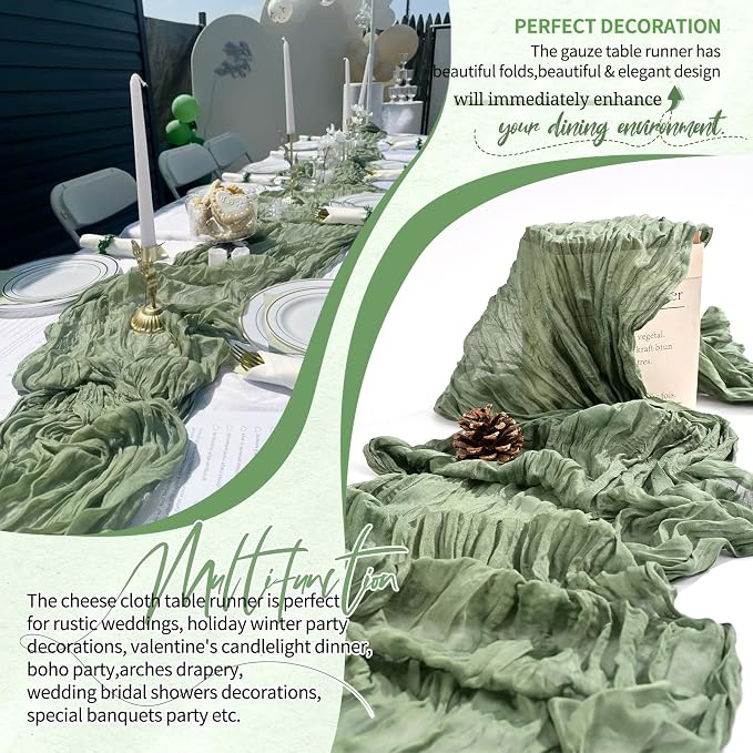 4 Pack Cheesecloth Table Runner 10FT Sage Green Table Runner Boho Gauze Cheese - Image 6