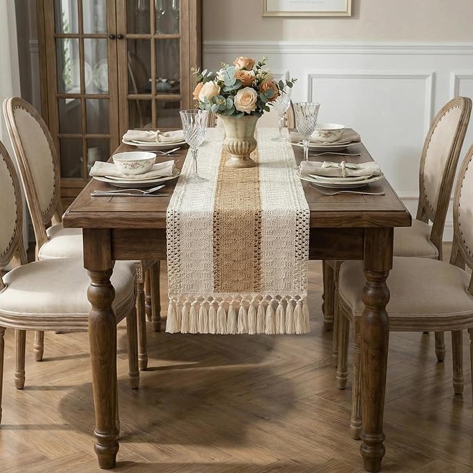 Burlap Boho Table Runner Macrame Brown 60in Farmhouse Woven Runner | Burlap - Image 7