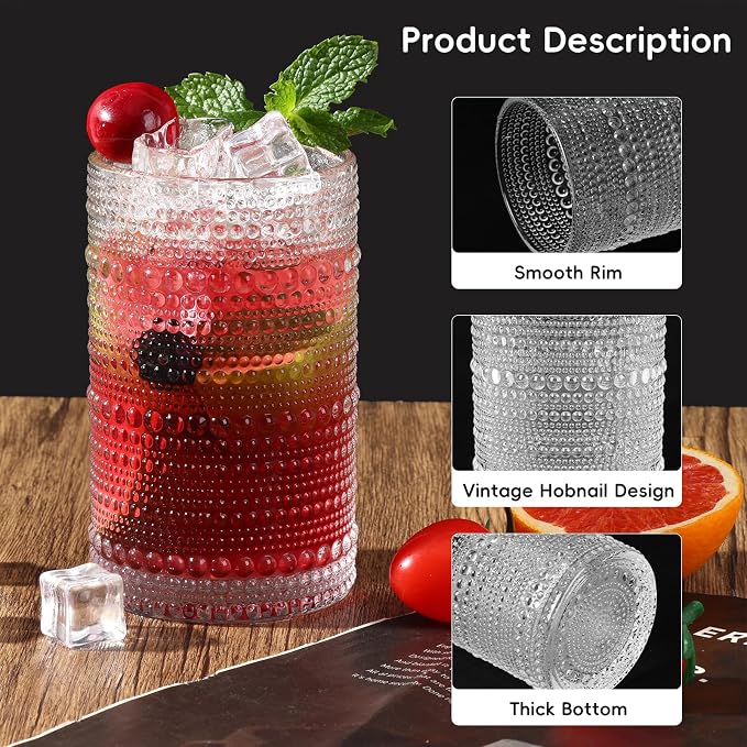 Moretoes Hobnail Drinking Glasses Set of 16, Vintage Water Glass Cups | 12 Oz - Image 5