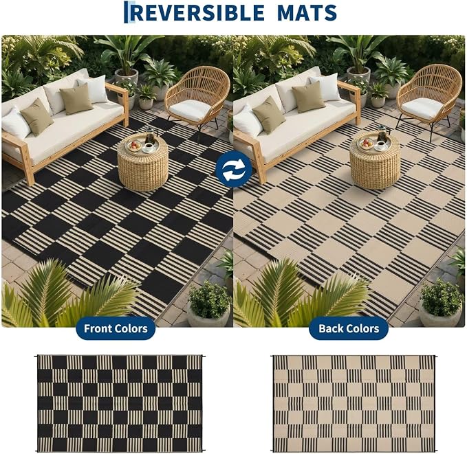 Garvee Waterproof Outdoor Rug 5x8, Checkered Foldable Plastic Straw Patio - Image 4