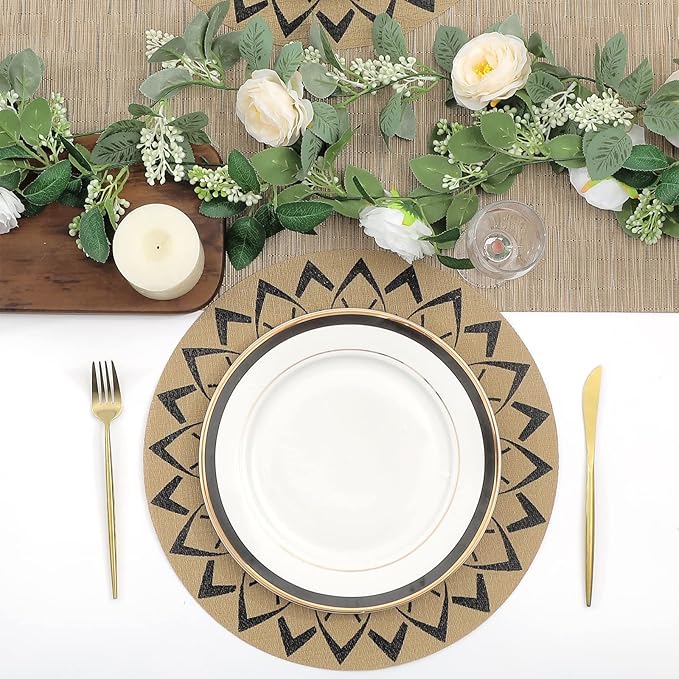 SHACOS 15 inch Round Vinly Placemats Set of 6 Boho Flower Print Place Mats - Image 2