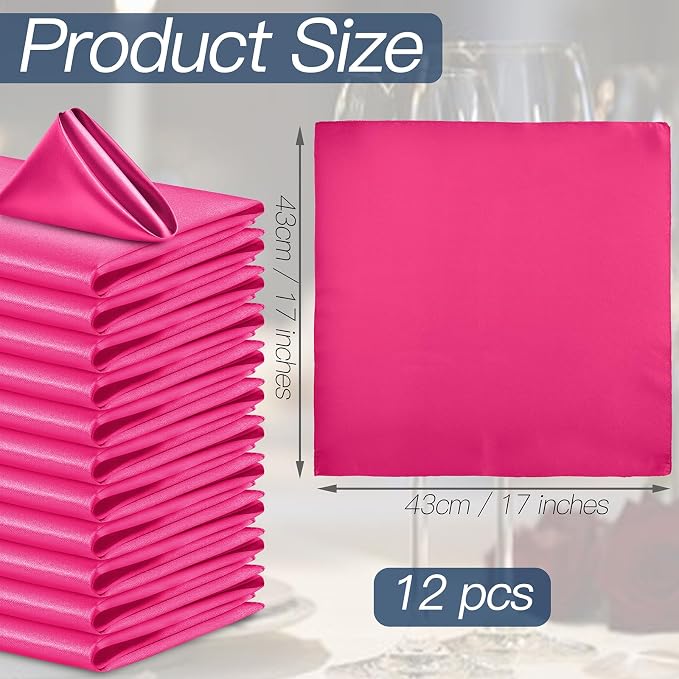 P Pothuiny 12 Pcs Hot Pink Satin Napkins 17 x 17 Inch, Satin Cloth Napkins | - Image 2
