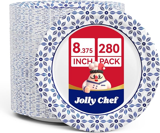 8.37 inch Paper Plates 280 Count Soak Proof, Cut Proof, Heavy Duty Printed by JOLLYCHEF
