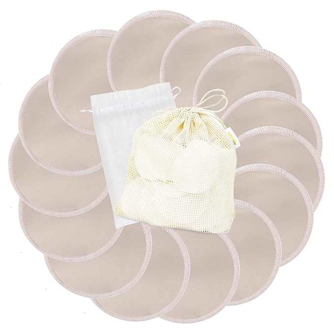 wegreeco Nursing Breast Pads (14 Pack) + Laundry Bag & Travel Storage Bag, 4.7 inch - Washable & Reusable Breastfeeding Nursing Pads (Rose Gold, Large, Plain Shape)