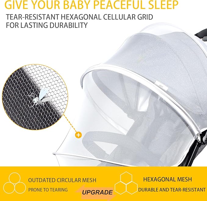 Mosquito Net for Stroller, Universal 3D Baby Bug Net with Two-Way Zippers & Storage Bag, Breathable & Foldable Netting for Stroller,Cradle（White）