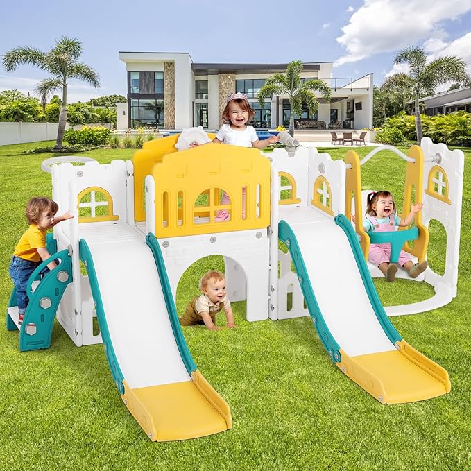JOYLDIAS 10 in 1 Toddler Slide, Double Kid Climber Slide Playset w/Swing, Basketball Hoop, Telescope, Tunnel, Storage Space and Non-Slip Steps, Indoor Outdoor Backyard Playground Toy for Toddlers