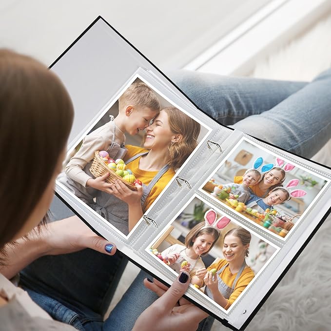 Vienrose Linen 3-Ring Photo Album Holds 190 Photos, 160 4x6 Photos and 30 6x8 Pictures, Picture Album with Multiple Size Pockets, Memory Book for Family Wedding Anniversary Baby, Black