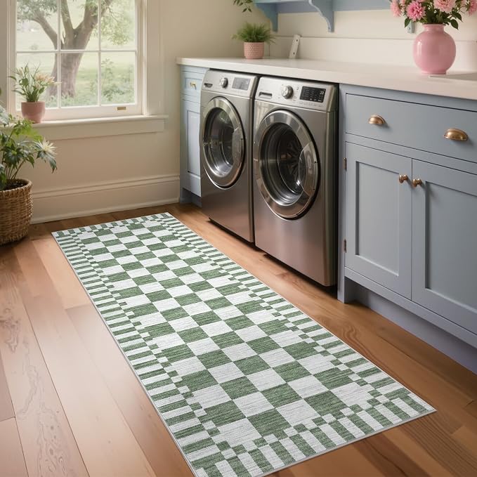 GarveeHome 2×12 Kitchen Runner Rug Non Slip, Sage Green Checkered Rug, Washable - Image 2
