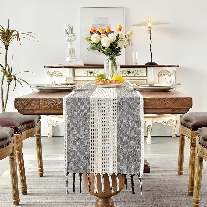 Wracra Linen Table Runner, Stripe Table Runners 60 Inches Long Black | Delicate - Image 4
